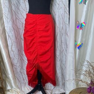 Red Ruched Fringe Midi Skirt